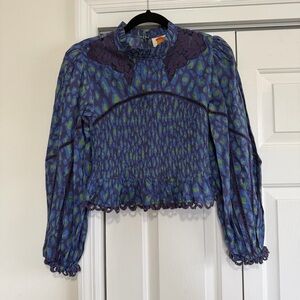 Farm Rio Blue Green Cropped Long Sleeved Smocked Blouse Size XS
